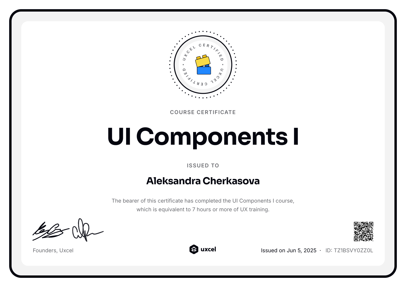 Aleksandra Cherkasova's certificate